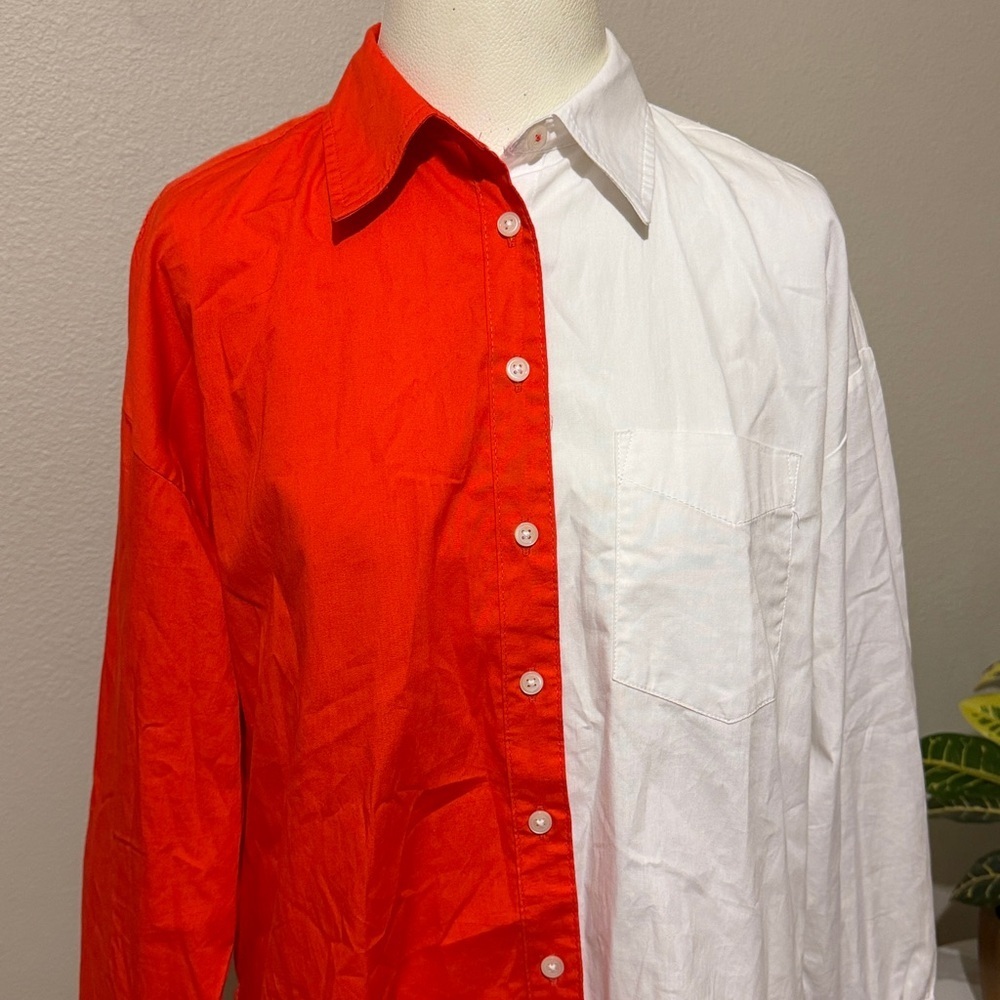 Anthropologie Maeve The Bennet Buttondown Shirt Colorblock Edition White Orange - Picture 4 of 8